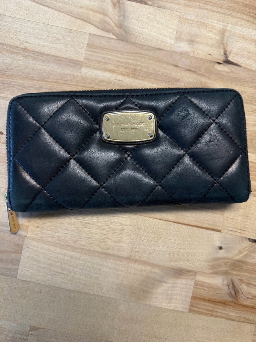 Michael Kors Black Quilted Leather Zip Wallet with Gold Plate